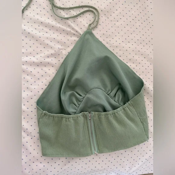 Nasty Gal Sage Green Halter Crop Top Ruched Bust Minimalist Going Out - Picture 2 of 6